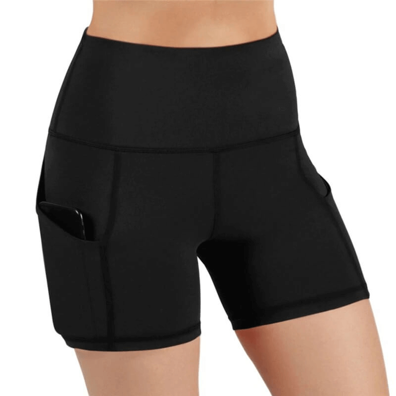 Fitness Women's High Waist Shorts with Phone Pockets, SF0114, in black, perfect for active lifestyles. Stretchy polyester for comfort.